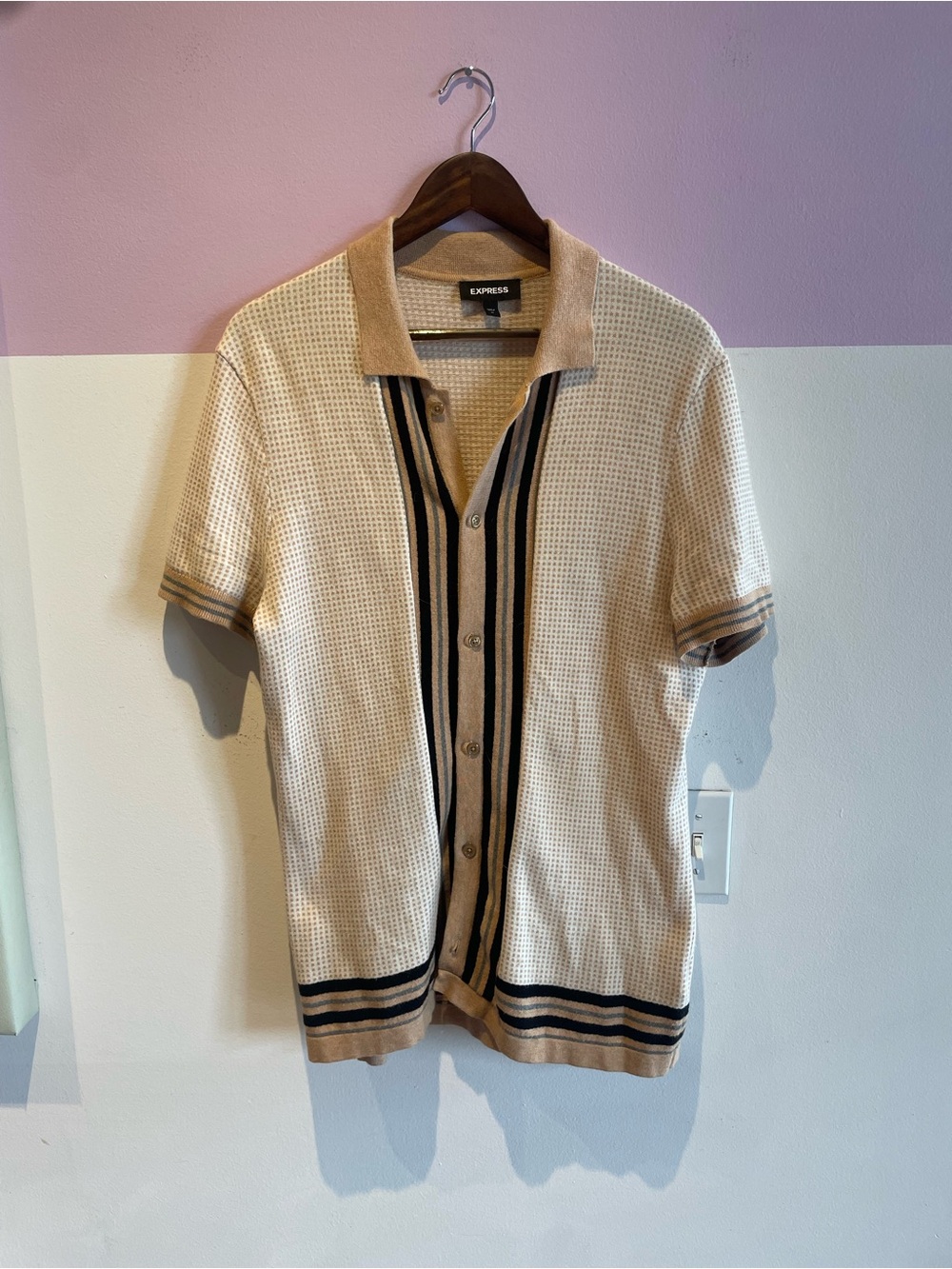Express Beige Short-Sleeve Knit Polo with Black Trim